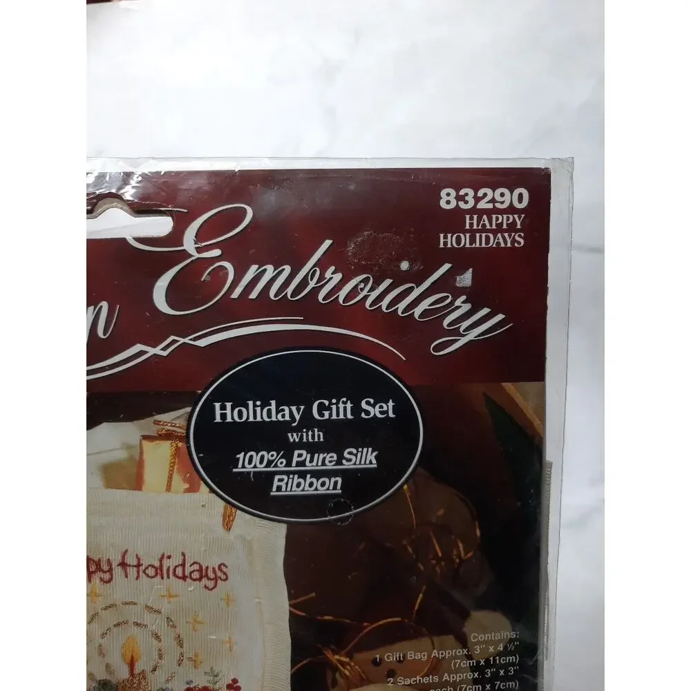 Vintage Bucilla Ribbon Embroidery Holiday Gift Set 83290 Happy Holidays